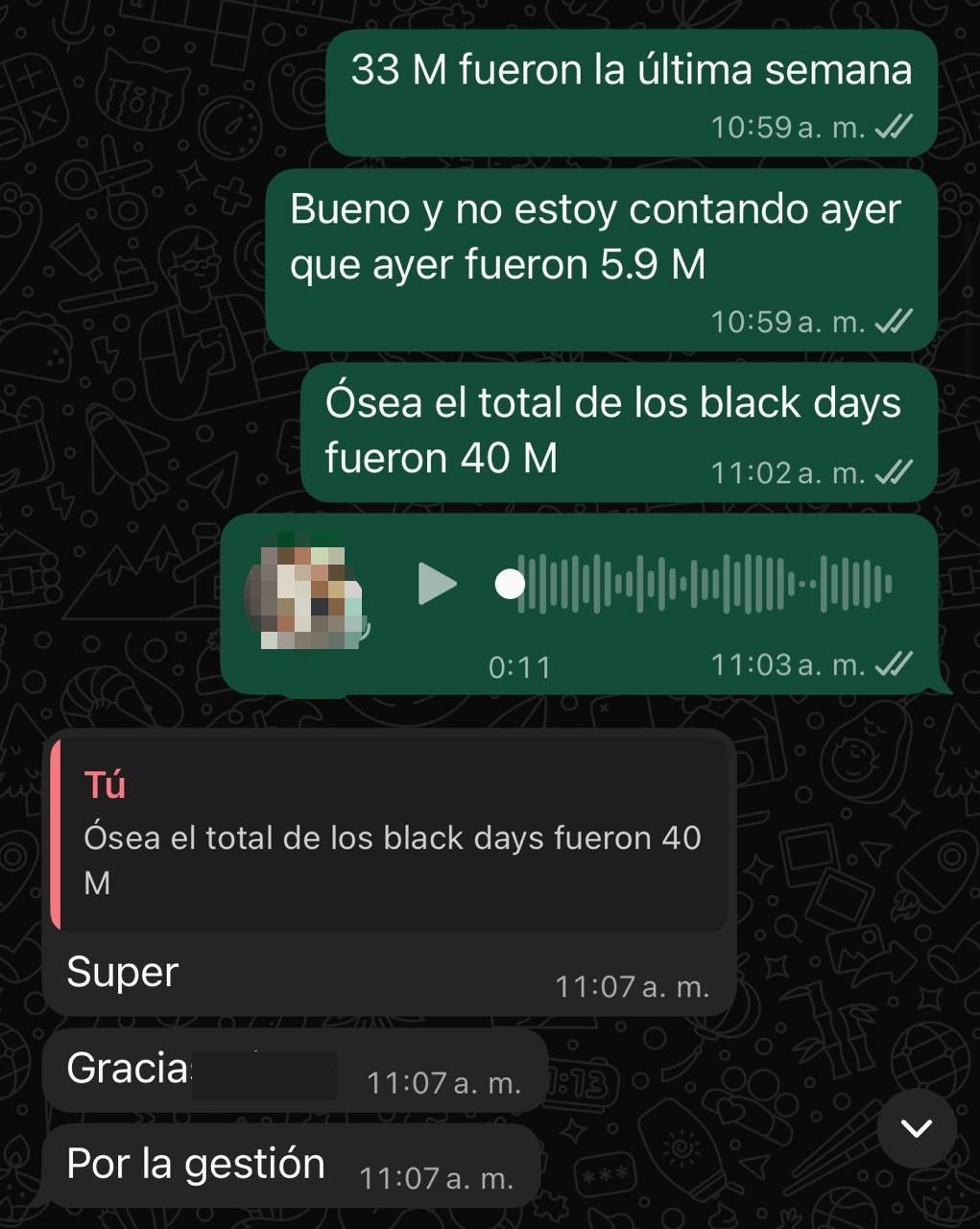 Conversación de WhatsApp con cliente celebrando resultados de ventas